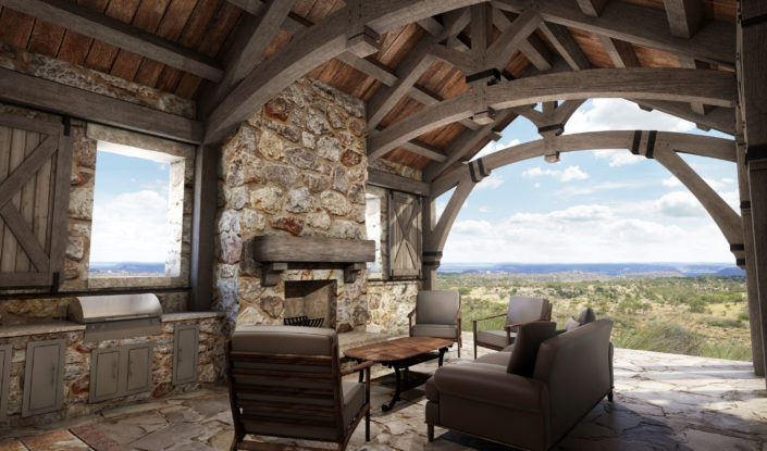 Hill Country Ranch – Outdoor Living Space Rendering Timberframe Rendering